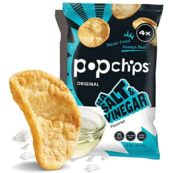 Popchips Potato Chips, Sea Salt & Vinegar, 4Ct 5.0Oz Share Bags, Low-Calorie, Gluten Free, Healthy Snacks For Adults And Children, Non-Gmo, Vegan & Kosher Friendly, 130 Calories Per Serving