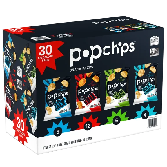 Popchips Potato Chips Snack Packs, Variety Pack, 0.8oz, 30count