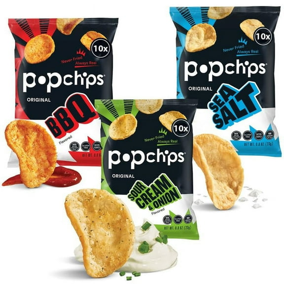 Popchips Potato Chips Variety Pack, Sea Salt, BBQ, Sour Cream & Onion, 30 CT Variety Pack