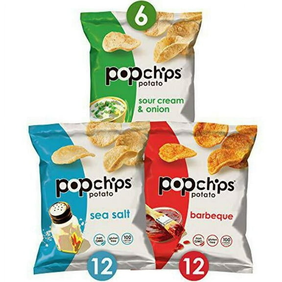 potato chips variety pack single serve bags , 3 flavors: 12 sea salt, 12 bbq, 6 sour cream & onion, 0.8 oz bags each (pack of 30)