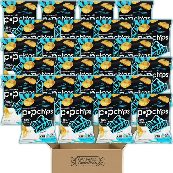 Popchips Sea Salt & Vinegar Bulk Pack - 24 Individually Sealed 0.8 Ounce Bags - Popped Potato Snack - Never Fried, Always Real - For Lunches, Quick Snacks, Movies in Cornershop Confections Pack