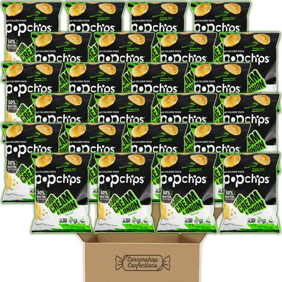Popchips Sour Cream & Onion Bulk Pack - 24 Individually Sealed 0.8 Ounce Bags - Popped Potato Snack - Never Fried, Always Real - For Lunches, Quick Snacks, Movies in Cornershop Confections Pack