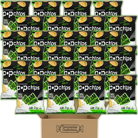 Popchips Sour Cream & Onion Bulk Pack - 24 Individually Sealed 0.8 Ounce Bags - Popped Potato Snack - Never Fried, Always Real - For Lunches, Quick Snacks, Movies in Cornershop Confections Pack
