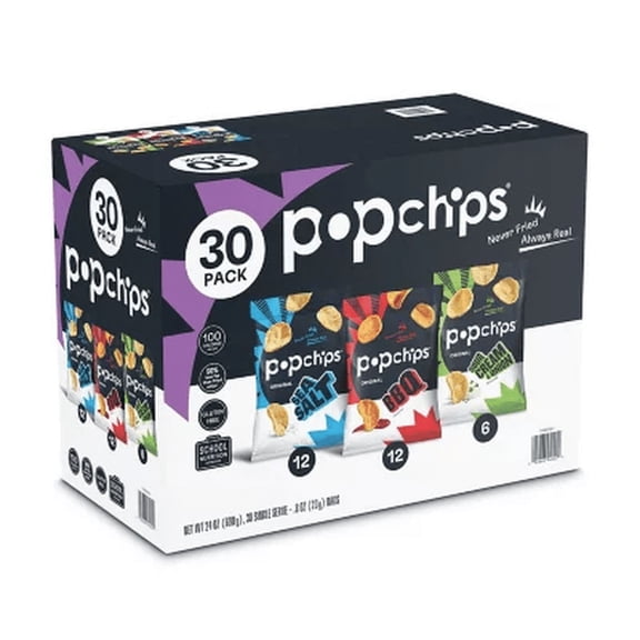 Popchips Potato Chips Variety Pack Sea Salt BBQ Sour Cream & Onion Sin Lunches Movie Nights Travels Summer Party Favor 0.8oz(30ct)