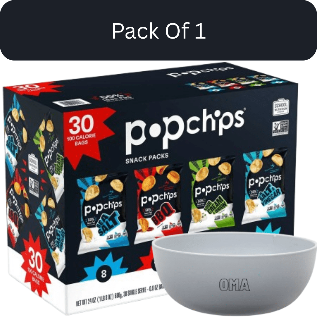 Popchips Variety Pack Chips, Assorted Flavors, 0.8 oz., 30 pk. With White Bowl By OMA