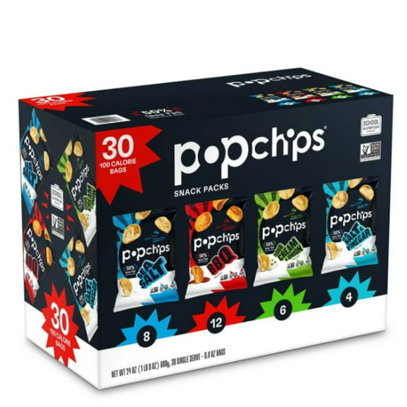 Popchips Variety Pack Chips, 0.8 oz Each, 30 Pk (12 BBQ, 8 Sea Salt, 6 Sour Cream & Onion, 4 Sea Salt & Vinegar) - 1.5 lbs