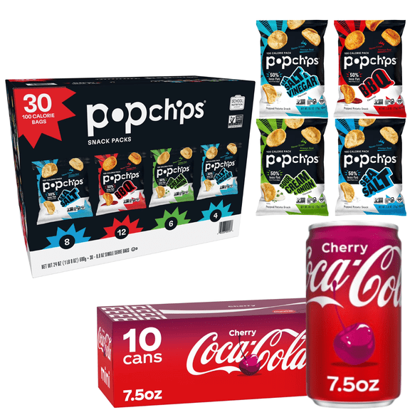 Popchips Variety Pack Chips 30 Pack with Coca-Cola Mini Cans 10 Pack Snack Combo
