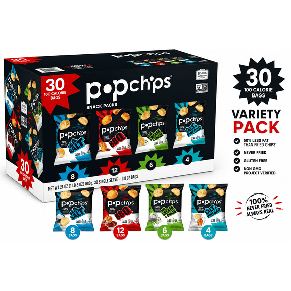 Popchips Variety Pack Potato Snacks, Assorted Flavors, 30 Count Individual Bags