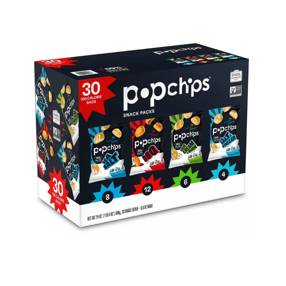 Popchips Variety Snack Packs Popped Potato Chips, Sea Salt, BBQ, Sour Cream & Onion, Salt & Vinegar, 30 Count (0.8 oz Bags)