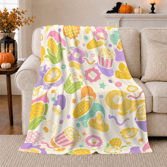 Popcorn and Corn Snacks with Pastel Shapes, Playful Retro Style for Food Lovers, Movie Snack Pattern and Birthday Gift, Cozy Flannel Blanket for Game Room and Family Room, Home Decor