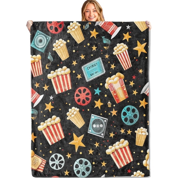 Popcorn Film Reels, and Star Throw Blanket - 50x60in,Ultra Soft, Cozy Lightweight Flannel,Movie Night Blankets - Gifts for Kids Boys Girls,for Couch Office Travel,Home Living Room Decor