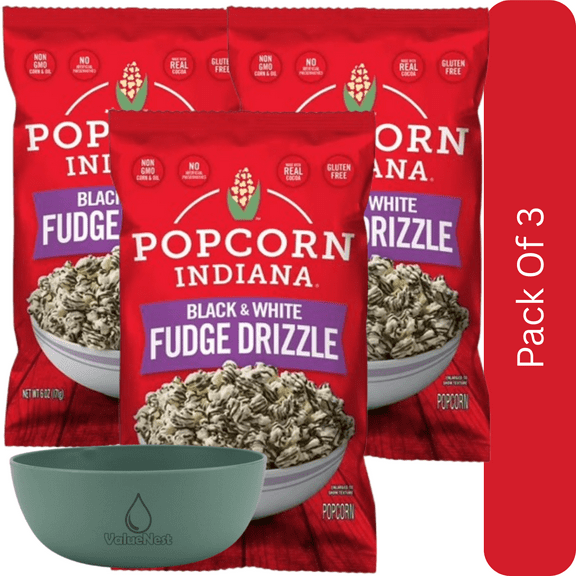 Popcorn, Indiana Black & White Drizzlecorn, 6 oz-3pk, With Olive Green Bowl By ValueNest