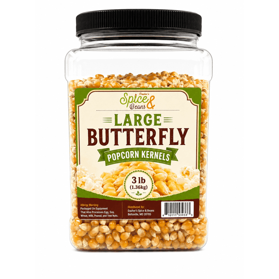 Large Butterfly Popcorn Kernels 3 lb - Movie Nights, Popcorn Machines, Air Poppers & Gourmet Snacks - Bulk - Packed in USA - Dasher's Spice & Beans