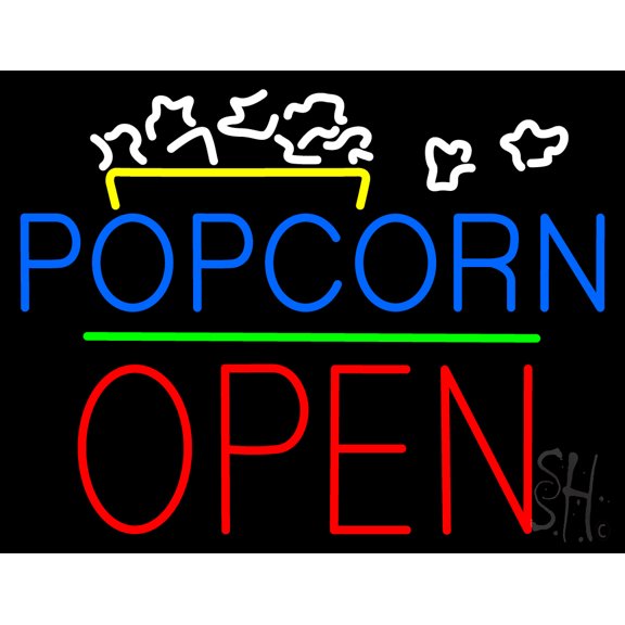 Popcorn Logo Open Block Green Line LED Neon Sign 24" Tall x 31" Wide - inches Black Square Cut Acrylic Backing, with Dimmer - Premium built indoor Sign for Cinema, Storefront.