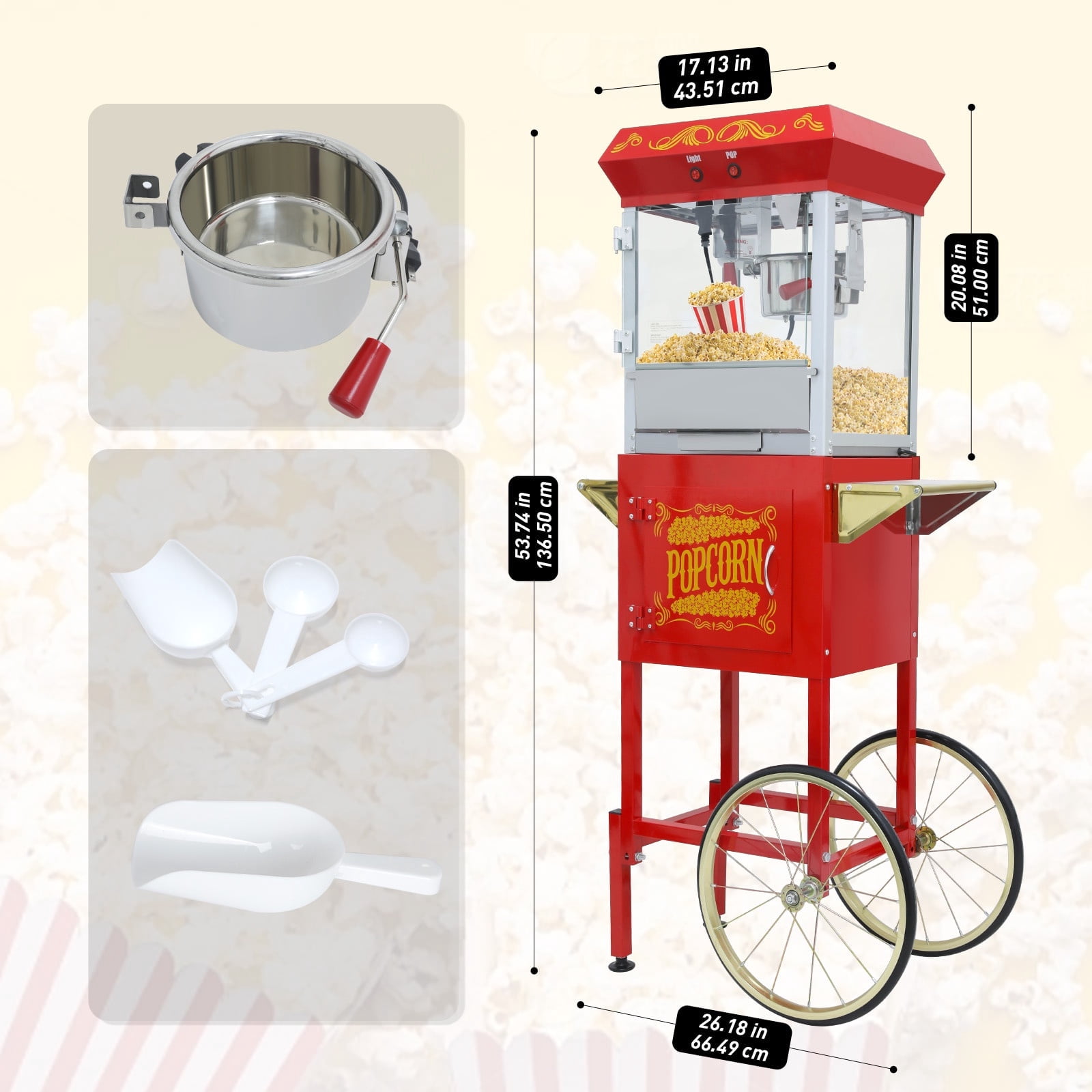 Popcorn Storage Machine Popcorn Machine Cart – 8oz Popcorn Machine with Stainless-steel Kettle ...