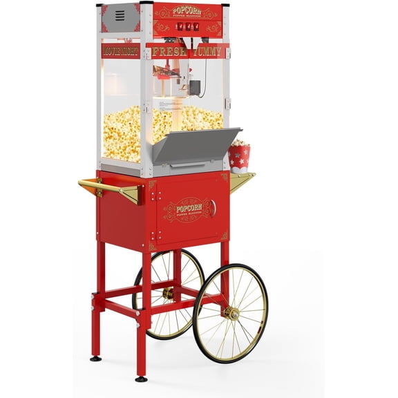 Popcorn Machine with Cart, Vintage Style Movie Popcorn Cart with Wheels & 20 Oz Kettle - Pop 62 Cups Per Batch, Portable Standing Popcorn Maker for Parties, Commercial, Events, Home Theater - Red