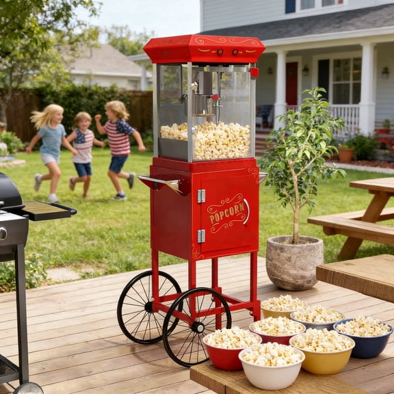 Popcorn Machine with Cart, with Wheels & 6 Oz Pot Popcorn Maker Stainless Steel Oil Spoon, Mobile Cart with Lockers for Commercial Home Movie Theater Vintage Style (Red)