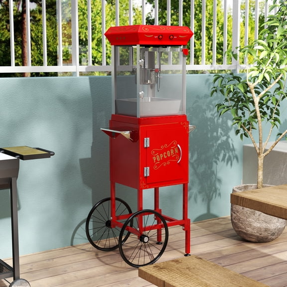 Popcorn Machine with Cart, with Wheels & 6 Oz Pot Popcorn maker Equipped with Popcorn Scoops & Tools, Mobile Cart with Lockers for Commercial Home Movie Theater Vintage Style (Red)