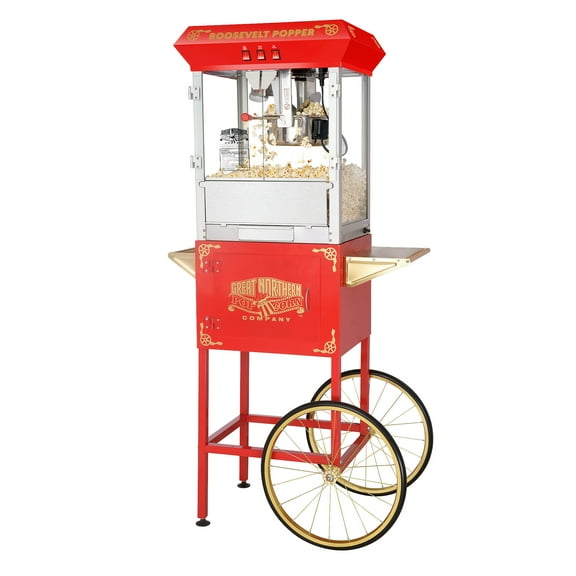 Popcorn Machine with Cart 8oz Popper with Stainless-Steel Kettle, Heated Warming Deck, and Old Maids Drawer by Great Northern Popcorn (Red)