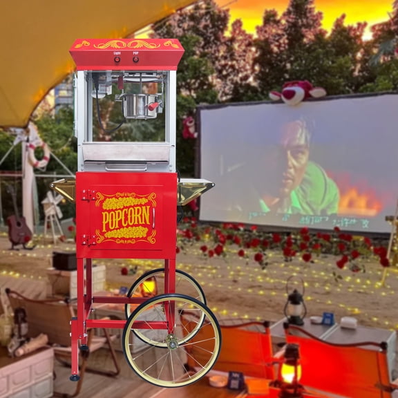 Popcorn Machine with Cart 8oz Stainless Steel Kettle, Heated Deck, Red