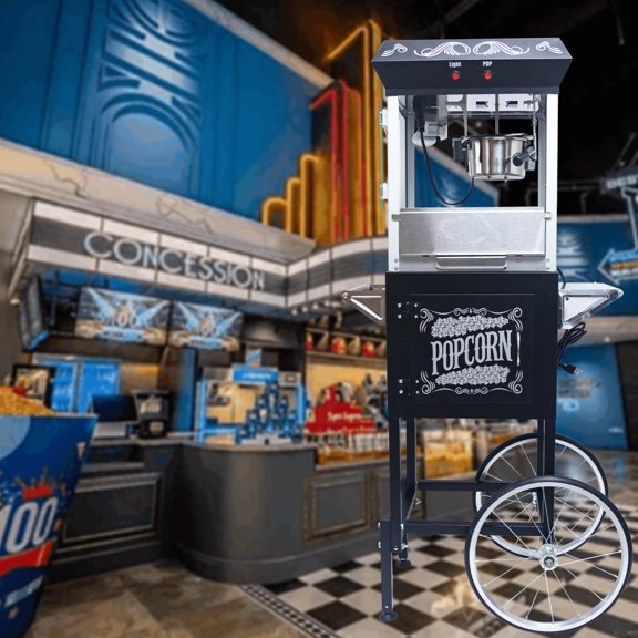 Popcorn Machine with Cart, Vintage Popcorn Machine with Stainless-steel Kettle, Heated Warming Deck and Drawer, Black