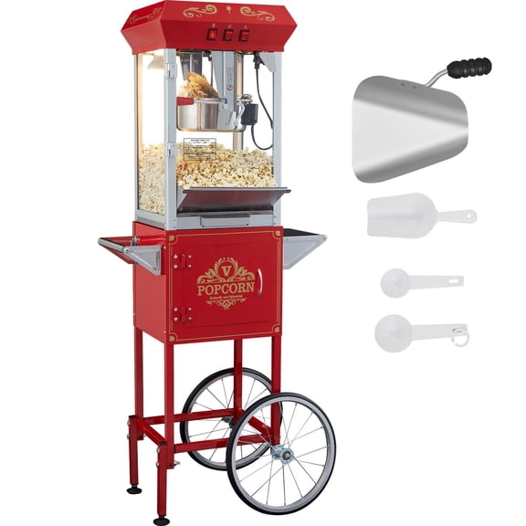 Commercial Popcorn Maker Machine with Cart 850W 8 Oz Kettle Movie Theater Style Popcorn Popper, Tempered Glass, 48 Cups Per Batch, Includes Scoops, Storage Cabinet, Red for Parties Events
