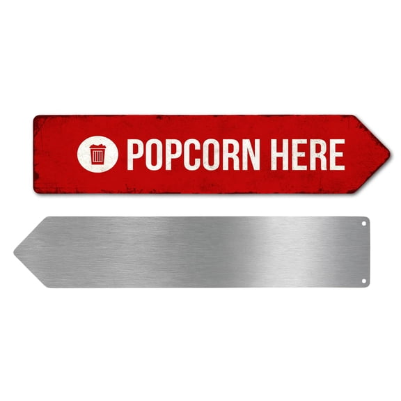 Popcorn Here Metal Sign by DC | Arrow Metal Directional Signage for Indoor & Outdoor | 3x12" Rust-Free Aluminum Sign | Movie Theatre Signage UV Protected Road RIGHT Arrow Sign | Made in USA
