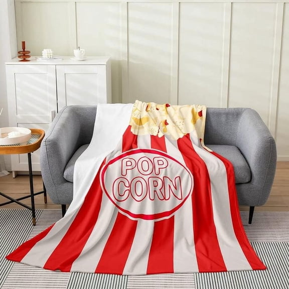 Popcorn Pattern Flannel Fleece Throw Blanket Kids,Cute Popcorn Fuzzy Blanket for Bed Sofa Couch,Red White Stripe Cute Bed Blanket Breathable Plush Blanket Room Decor Twin 60"x80"