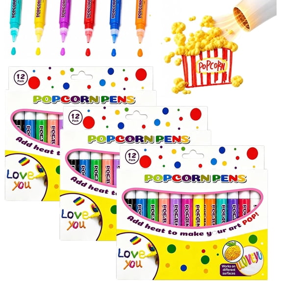 Popcorn Pen, 3D Magic Popcorn Pens, DIY Puffy Painting Pens for Cards, Crafts, Graffiti Stationery (3Box-12pcs)