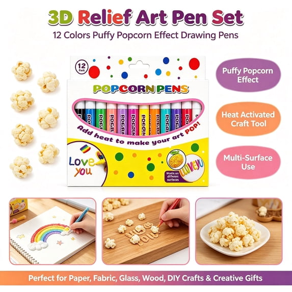 Popcorn Pens‑12 Colors 3D Relief Puffy Effect Pen Set, Heat‑Activated Craft Tool for Diy Projects on Paper, Fabric, Glass & Wood, Creative Gift for Craft Lovers