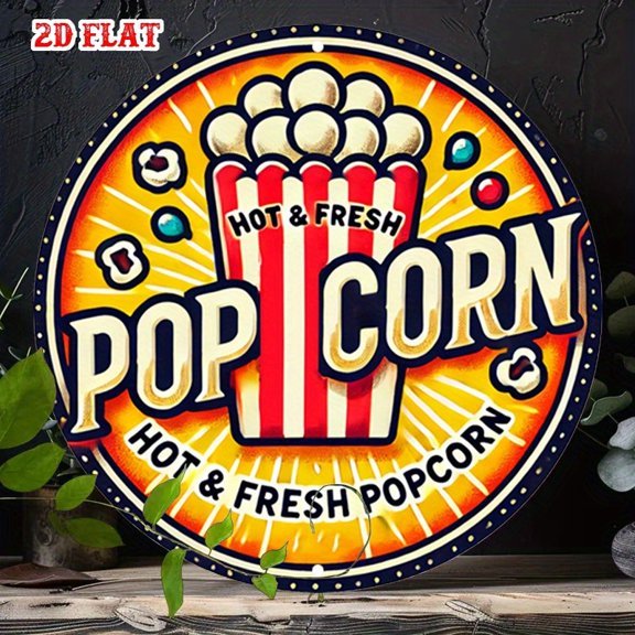 Popcorn Sign Funny Round Metal Hot Fresh Popcorn Icon Size: 8" X 8"