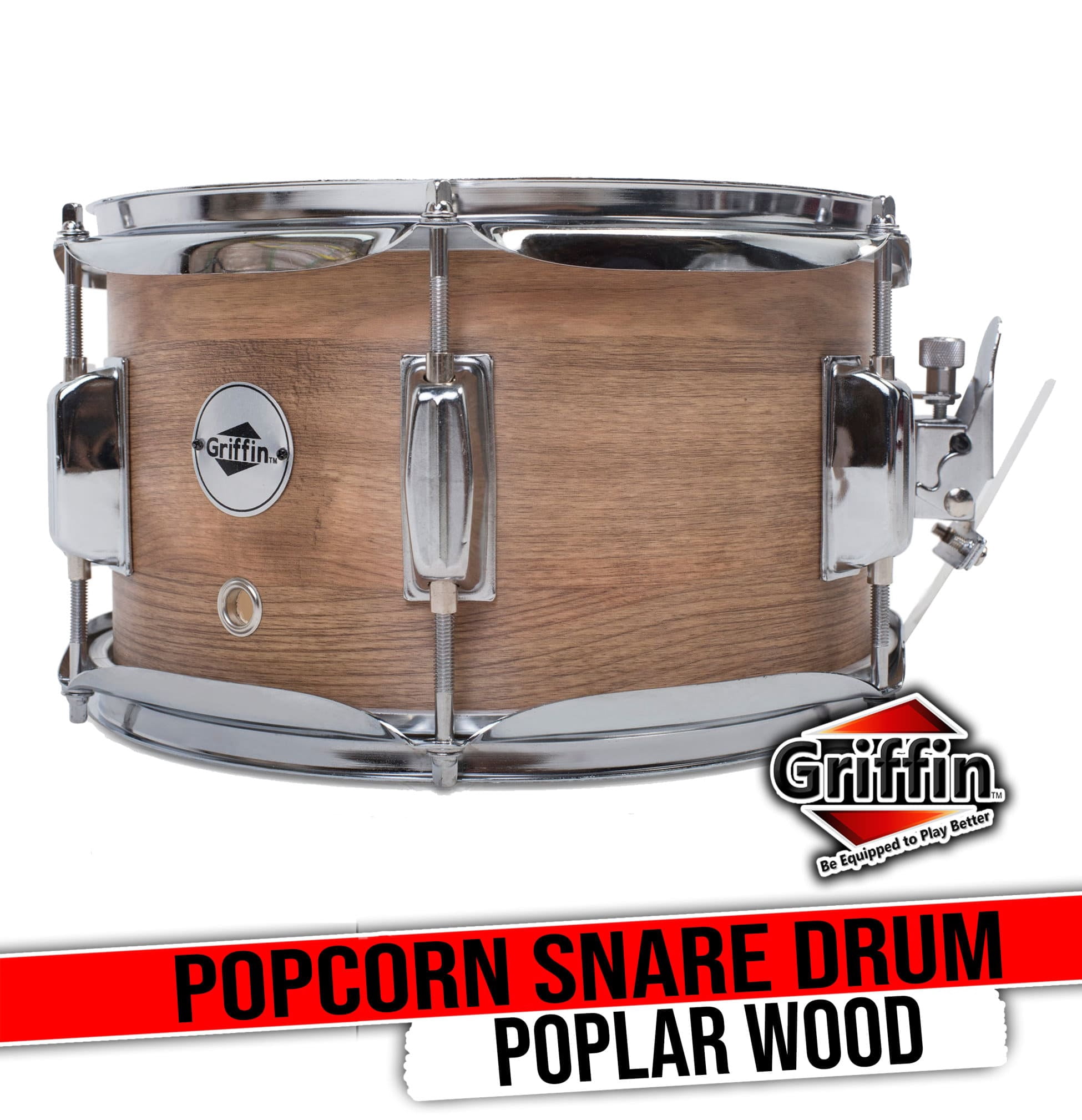 Popcorn Soprano Snare Drum by Griffin Firecracker 10" x 6" Poplar Wood Shell with Oakwood PVC Concert Percussion Musical Instrument with Drummers Key and Deluxe Snare Strainer Beginner & Professional