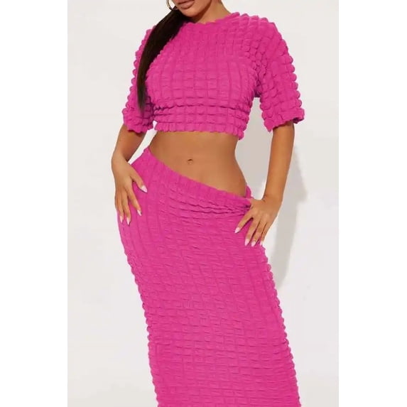Popcorn Texture Maxi Skirt 2pcs Set (S, Orange)
