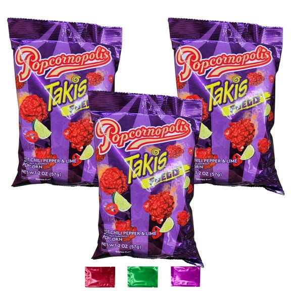 Popcornopolis Fuego Takis Hot Chili and Lime Flavored Popcorn Snacks, Gluten Free Spicy Gourmet Movie Night Party On the Go Snacking 2 oz 3 Packs w/ Bonus Snoep in Beperkte Oplage