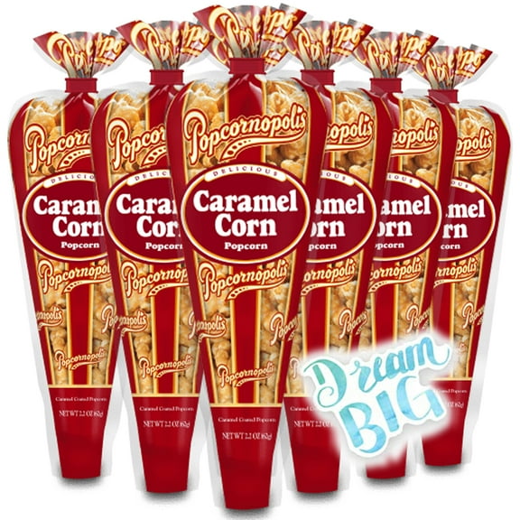 Popcornopolis Gourmet Popcorn - 6 Caramel Corn Mini Cones - Small Storage Space Friendly & Great Stocking Stuffers and Exclusive Inspirational Sticker! 13.2oz total