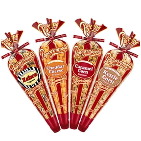 Popcornopolis Gourmet Popcorn Caramel Tall Cone 4 Pack with Exclusive Inspirational Sticker! 7oz Each Cone - 21oz Total