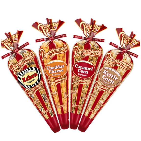 Popcornopolis Gourmet Popcorn Caramel Tall Cone 4 Pack with Exclusive Inspirational Sticker! 7oz Each Cone - 21oz Total