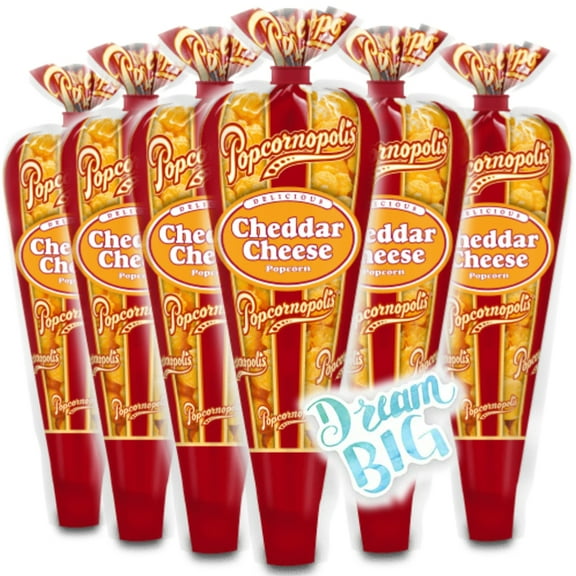 Popcornopolis Gourmet Popcorn - LIMITED EDITION 6 Cheddar Cheese Mini Cones - Small Storage Space Friendly & Great Stocking Stuffers! 5.4oz total and Exclusive Inspirational Sticker!