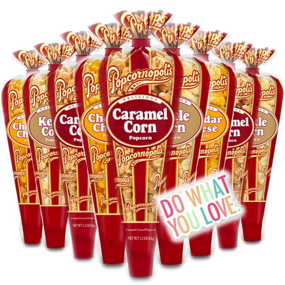 Popcornopolis Gourmet Popcorn Limited Edition Mini Cone Premium 12 Classic Pack and Exclusive Vinyl Inspirational Sticker! Caramel Corn, Cheddar Cheese, & Kettle Corn!