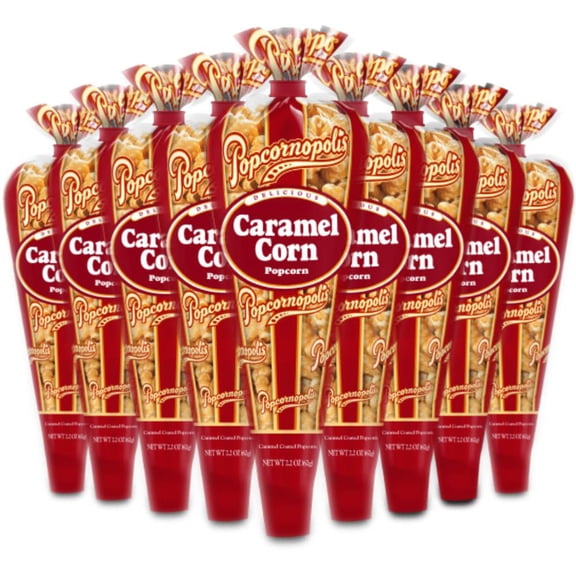 Popcornopolis Gourmet Popcorn Limited Edition Pack of 12 Caramel Corn Mini Cones - 26.4oz total.