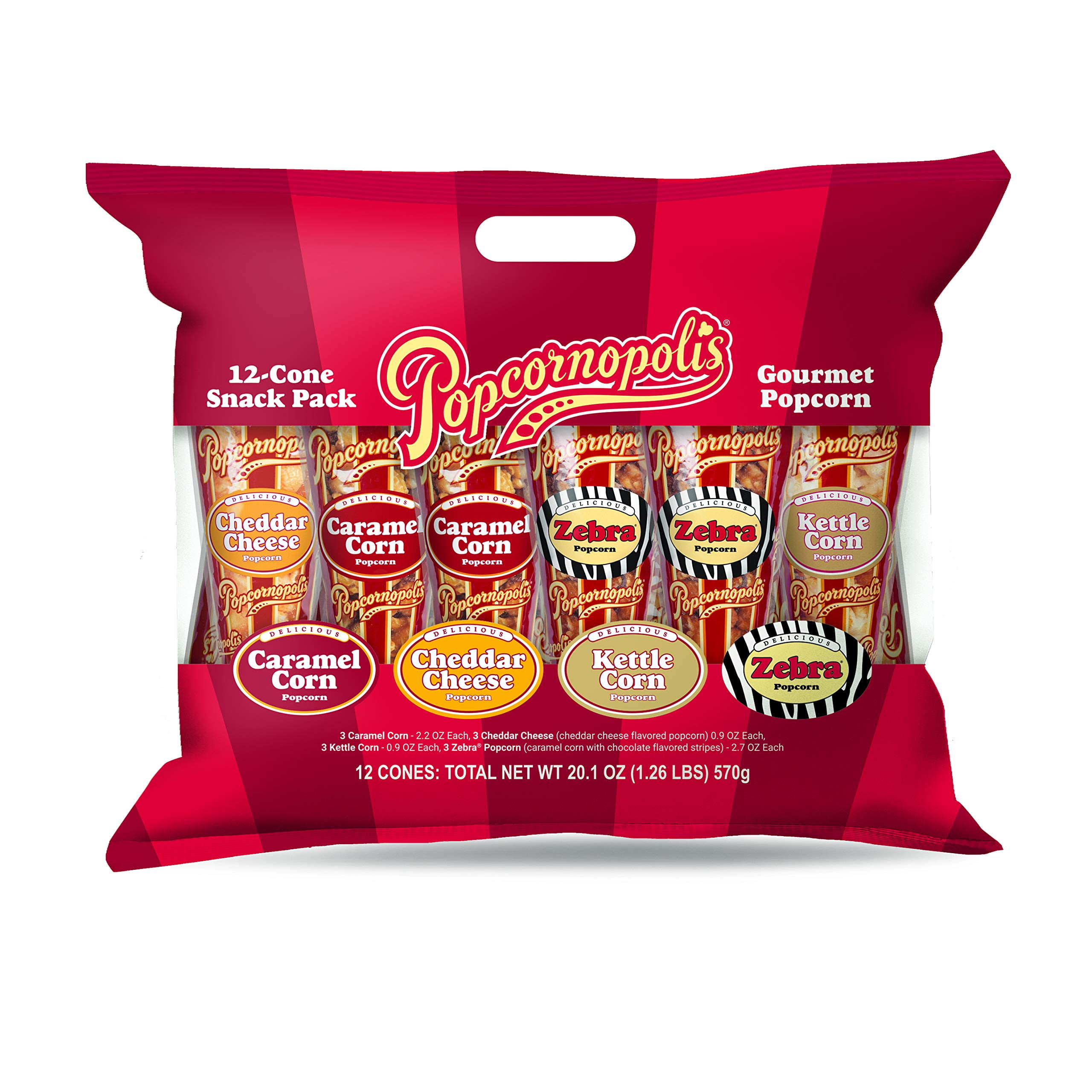 Popcornopolis Gourmet Popcorn Snacks, MMF7 12 Cone Variety Snack Packs (Gift Cone), Zebra Popcorn, Cheddar Cheese Popcorn, Caramel Popcorn & Kettle Corn Popcorn