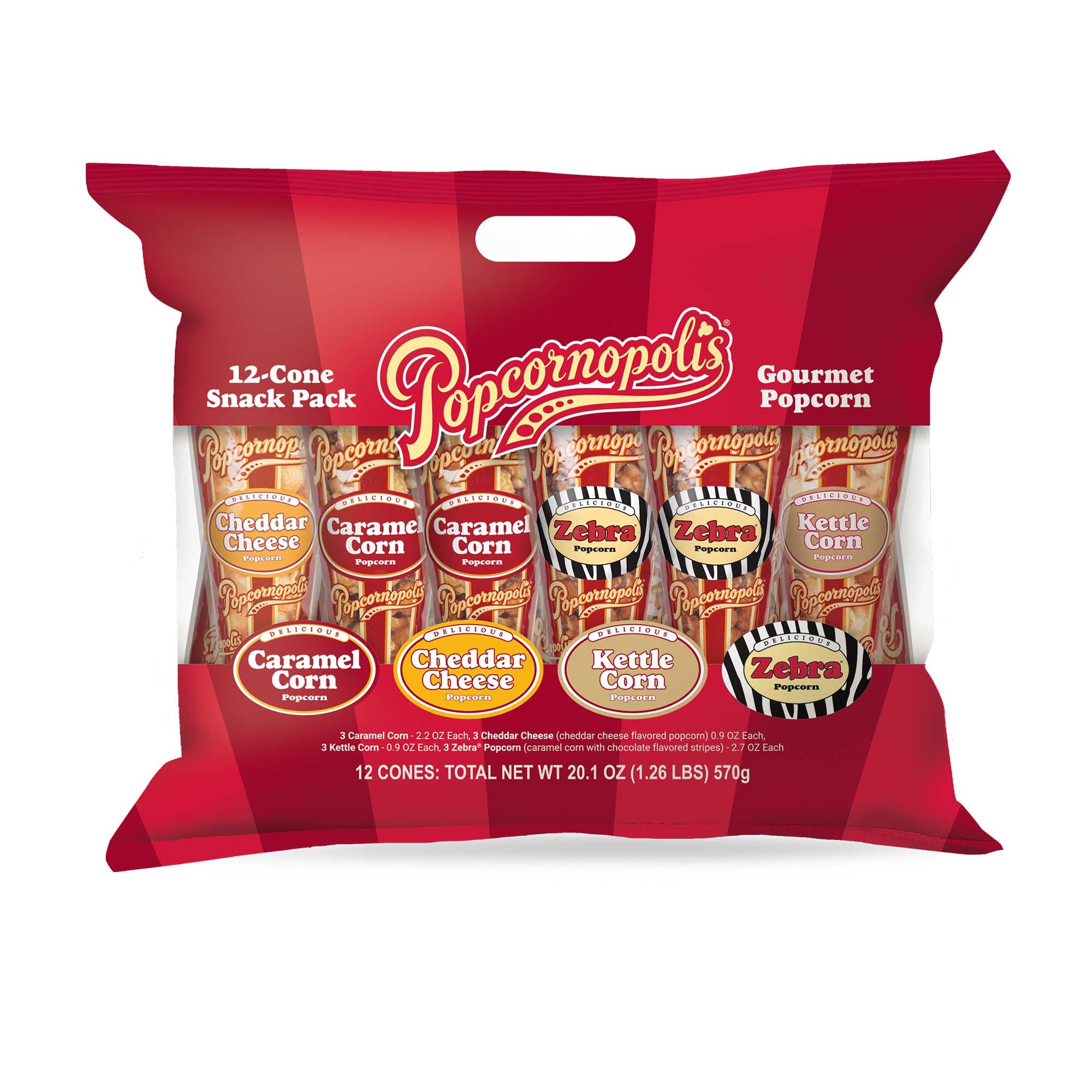 Popcornopolis Gourmet Popcorn Snacks, MMF7 12 Cone Variety Snack Packs