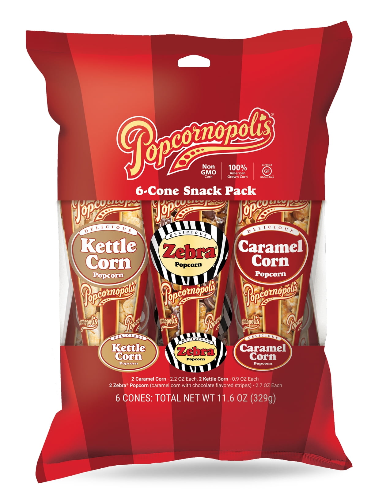 Popcornopolis Kettle, Caramel and Zebra Popcorn Cone Snack Pack, 6 Ct