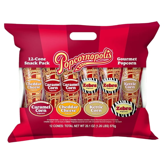 Popcornopolis Gourmet Popcorn Snacks, 12 Cone Variety Snack Packs (Gift Cone), Zebra Popcorn, Cheddar Cheese Popcorn, Caramel Popcorn & Kettle Corn Popcorn