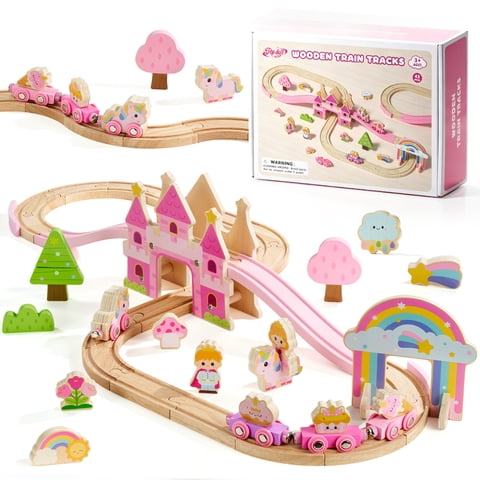 Popdoll Wooden Train Toys for Ages 2 3 4 Girls, 43pcs Unicorn Princess Train Set, Toddles Pink Train Tracks Set, Christmas Birthday Gifts for Girls