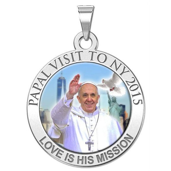 Pope Francis Papal NY Visit 2015 - "Love is His Mission" Color Laser Medal 2/3 Inch Size of Dime, Solid 14K White Gold