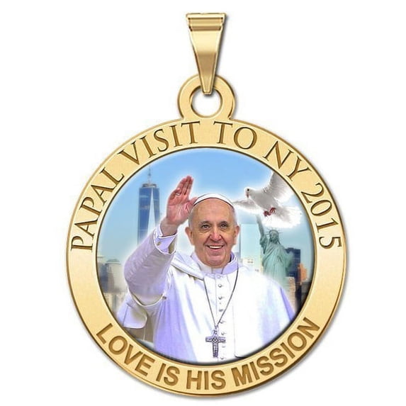 Pope Francis Papal NY Visit 2015 - "Love is His Mission" Color Laser Medal 3/4 Inch Solid 14K Yellow Gold