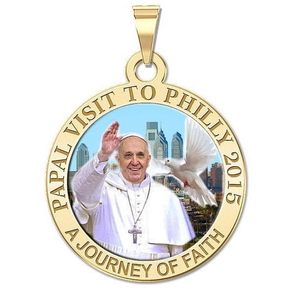 Pope Francis Papal Philadelphia, PA Visit 2015 - "a Journey of Faith" Color Medal 2/3 Inch Size of Dime, Solid 14K Yellow Gold