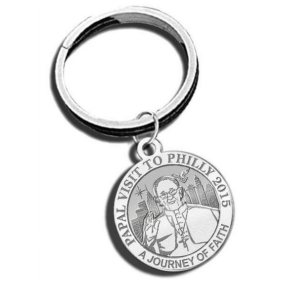 Pope Francis - Papal Visit Philadelphia 2015 Religious Engravable Embossed Keychain - 1 inch x 1 inch Round - Sterling Silver