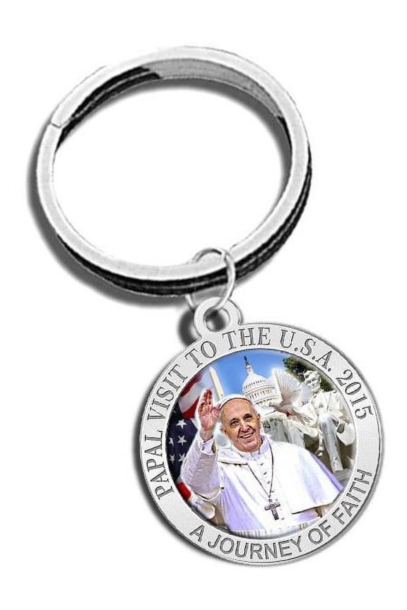 Pope Francis - Papal Visit Washington D.C. 2015 Color Religious Engravable Keychain 1 1/4 inch x 1 1/4 inch Round - Sterling Silver